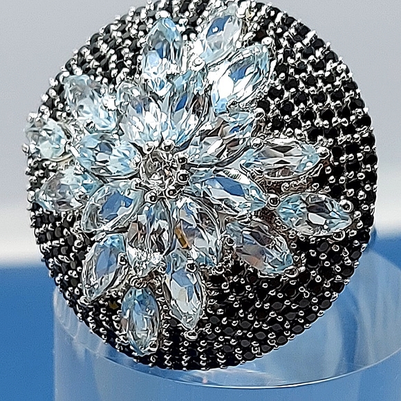 Natural Sky Blue Topaz‎ 6x3mm & Black Spinel 925 Sterling Silver Ring Size 8 - Picture 10 of 10